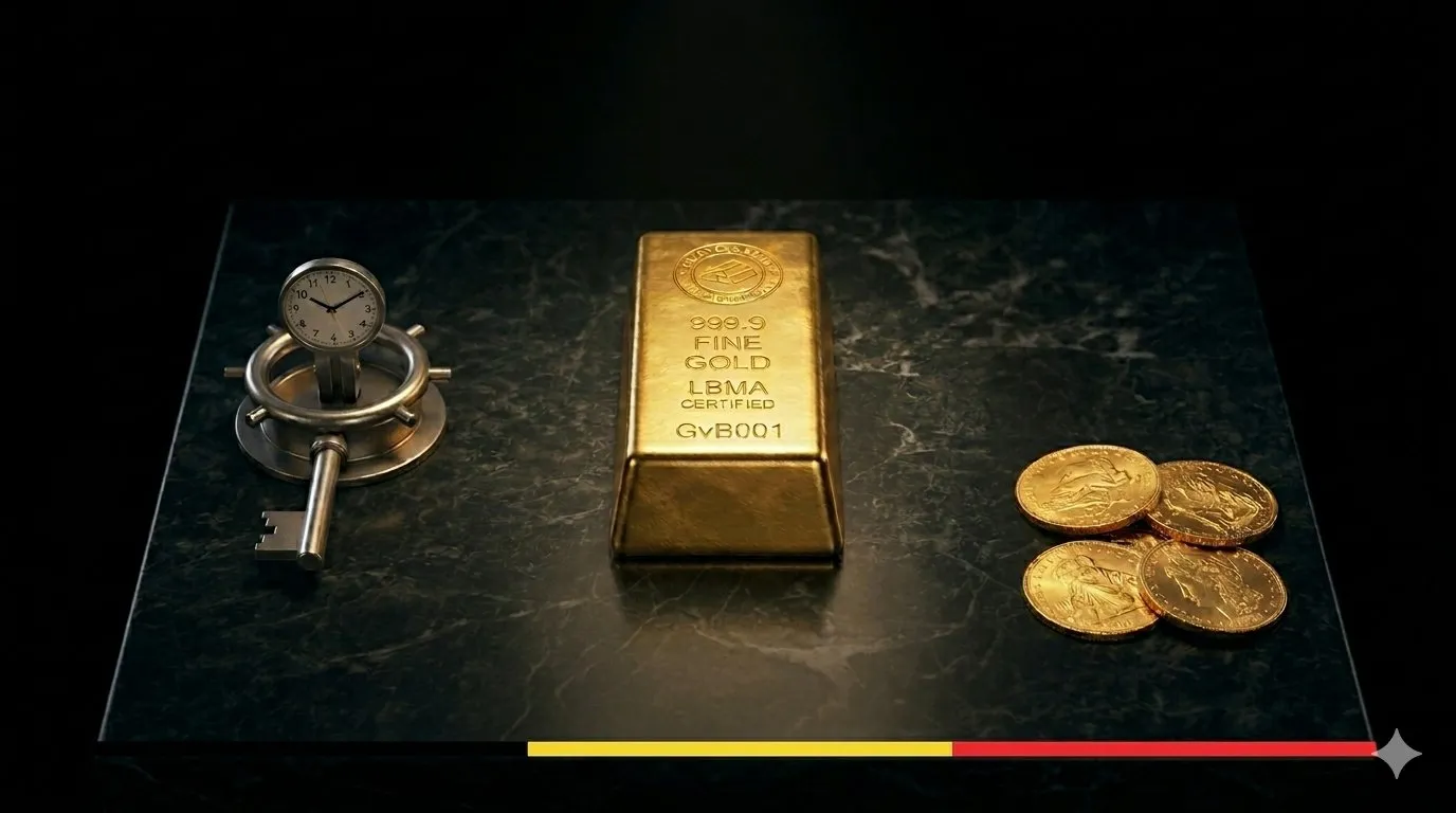 Goudstaaf met Belgische vlag en gouden munten, symbool voor de Belgische goudreserve