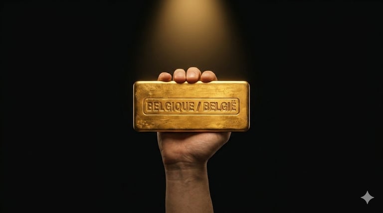Hand holding a gold bar with Belgique/Belgie text engraved, topped with small gold spheres against a dark background