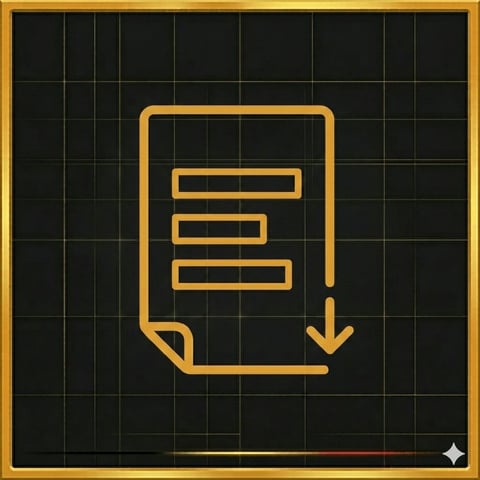 Golden line icon of a document with three horizontal lines and a downward arrow on a dark grid background