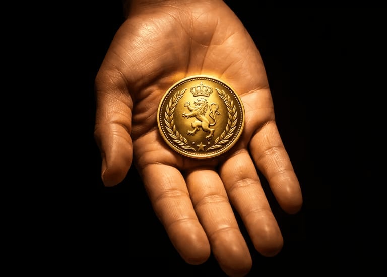 Hand holding a gold coin with a lion emblem and laurel wreath on black background