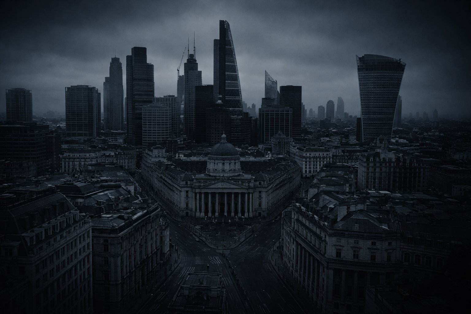 Donkere stedelijke skyline met wolkenkrabbers - Belgisch goud in Londen
