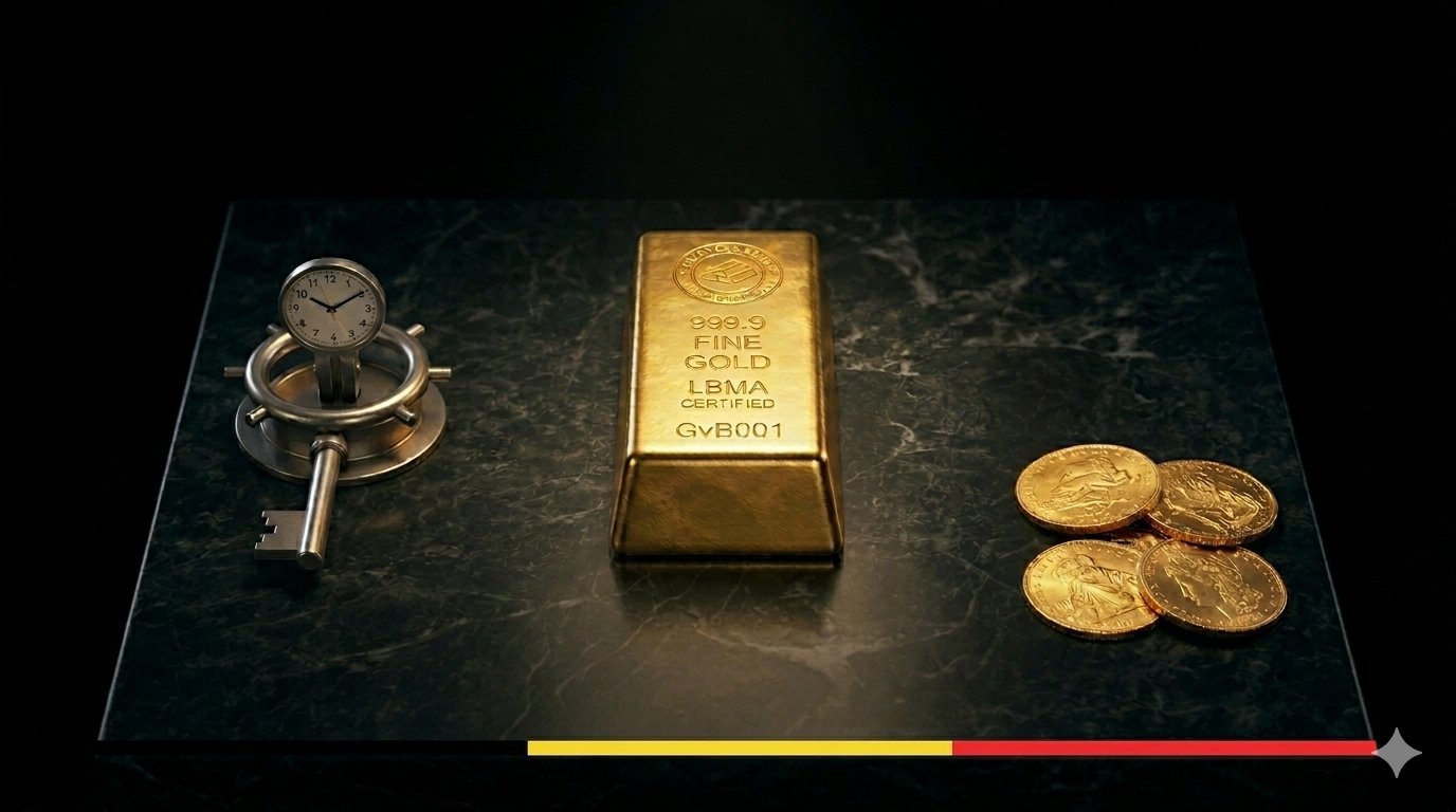 Gouden ring, goudstaaf en munten op donkere achtergrond - Goud voor België burgerinitiatief