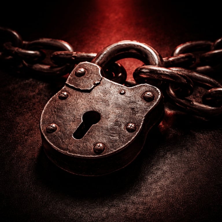 Weathered vintage padlock with chain on dark textured background with red lighting