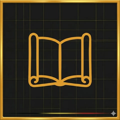 Golden open book icon on black grid background with gold border