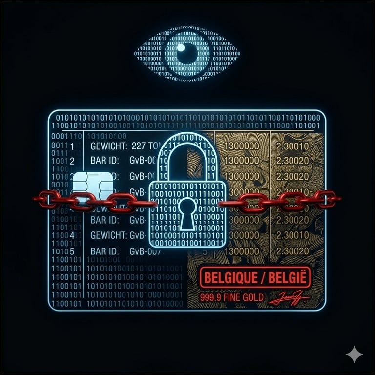 Digital eye icon above padlock symbol surrounded by binary code, barcode data, and gold bar information with Belgian gold seal on dark background