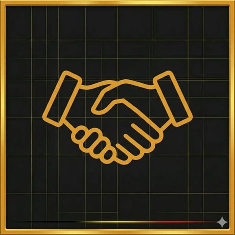 Yellow handshake icon on black grid background with gold border, representing partnership or agreement