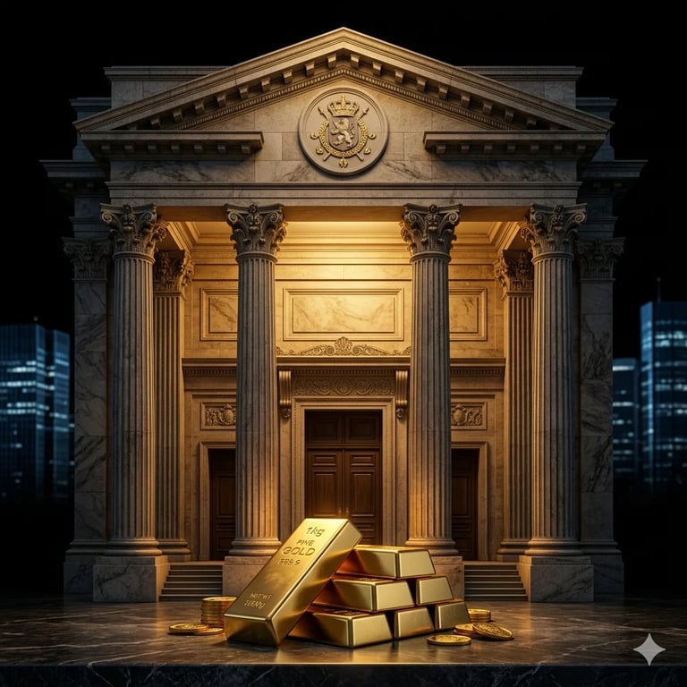 Gold bars stacked in front of a neoclassical building with Corinthian columns and an eagle emblem at night