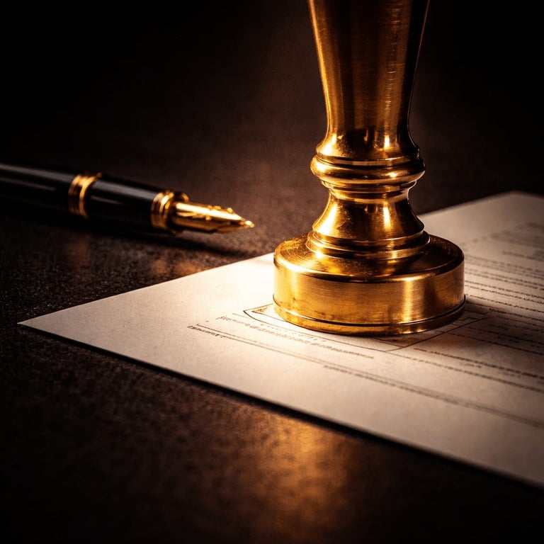 Golden wax seal stamp on a document with a fountain pen on a dark desk