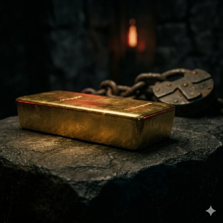 Gold bar resting on dark stone with chain and burning candle in shadowy background